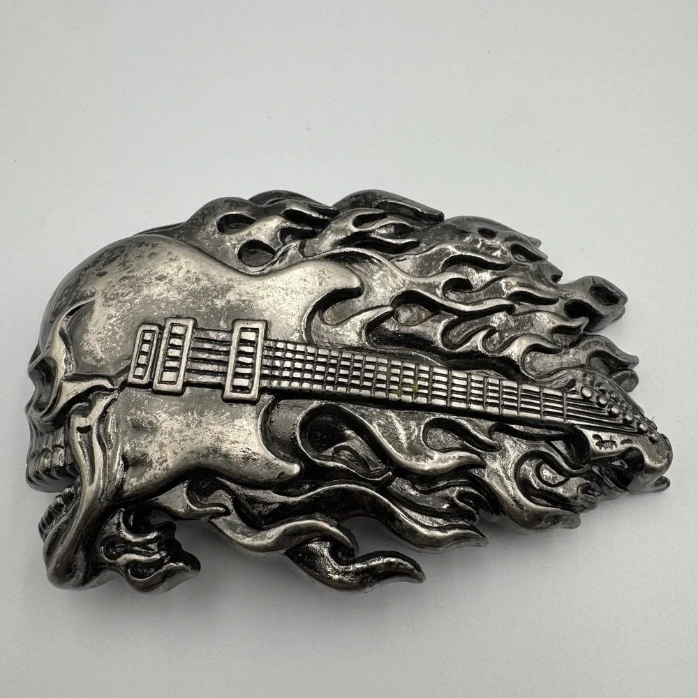 Screaming Skull Electric Guitar Flames Belt Buckle‎ Antique Silver Biker Rocker